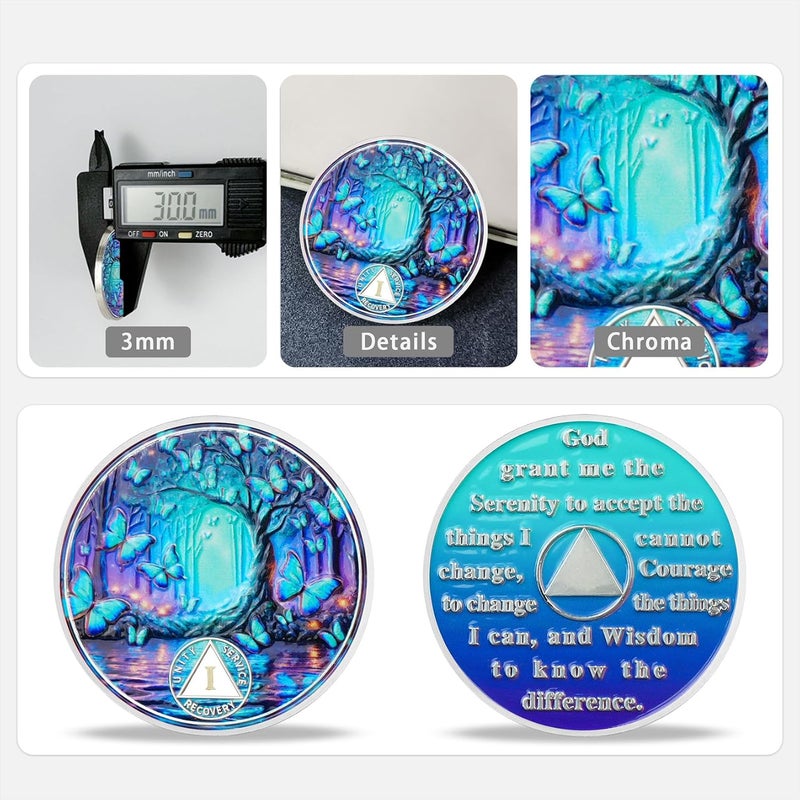 deDecoml Serenity Prayer Recovery Coin Butterfly Tree Design with Unity, Service, and Recovery Triangles Challenge Coin Sobriety Sober Coin NA AA Chips and Medallions (Blue Butterfly Tree, 1 Year) - Image 5